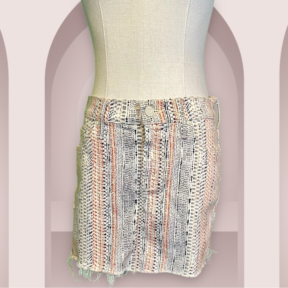 NWT MOTHER Denim ‘Straight Mini Fray’ Denim Skirt in “Mandarin” Orange Dot Print